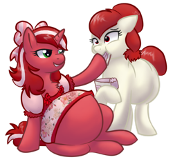 Size: 1280x1219 | Tagged: safe, artist:redintravenous, imported from derpibooru, oc, oc only, oc:red ribbon, earth pony, pony, unicorn, abdominal bulge, ask red ribbon, bow, fat, feedee, feeder, female, food baby, hair bow, mare, obese, simple background, transparent background