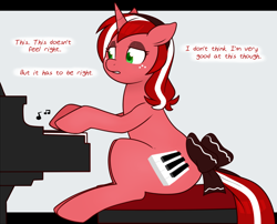 Size: 1200x968 | Tagged: safe, artist:redintravenous, imported from derpibooru, oc, oc:red ribbon, pony, unicorn, alternate cutie mark, ask red ribbon, bow, female, mare, musical instrument, piano, solo, tail, tail bow