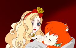 Size: 2121x1338 | Tagged: safe, imported from derpibooru, spike, human, apple white, bed, caress, ever after high, hand on hair, human spike, humanized, orange hair, sad, shipping, sleeping, spikewhite