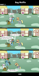 Size: 1920x3688 | Tagged: safe, artist:platinumdrop, imported from derpibooru, derpy hooves, gilda, rainbow dash, griffon, pegasus, pony, comic:bag muffin, 3 panel comic, abuse, bag, ball, blank flank, building, bully, bullying, chickub, closed mouth, comic, commission, crying, cute, derpybuse, dialogue, embarrassed, female, filly, filly derpy, filly rainbow dash, foal, folded wings, grass, hoof pointing, house, humiliation, insult, it's just a prank bro, laughing, laughingmares.jpg, li'l gilda, mask, mocking, open mouth, outdoors, paper bag, ponyville, sad, sadorable, sitting, smiling, smug, smug smile, speech bubble, talking, tears of sadness, town, trio, trio female, walking, wings, wings down, younger