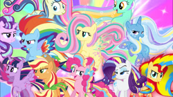 Size: 1474x828 | Tagged: safe, artist:theshadowstone, artist:xebck, artist:zekrom-9, editor:php77, imported from derpibooru, applejack, bon bon, fluttershy, lyra heartstrings, pinkie pie, rainbow dash, rarity, starlight glimmer, sunset shimmer, sweetie drops, trixie, twilight sparkle, alicorn, pony, mane six, rainbow power, rainbow power-ified, twilight sparkle (alicorn)