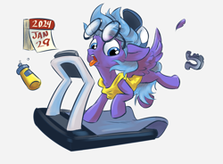 Size: 3920x2888 | Tagged: safe, artist:lytlethelemur, imported from derpibooru, oc, oc only, pegasus, pony, calendar, glasses, horseshoes, pegasus oc, simple background, solo, tongue out, treadmill, white background, wings