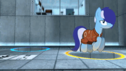 Size: 800x450 | Tagged: artist needed, source needed, safe, minuette, pony, unicorn, animated, aperture science, clothes, female, looking at you, portal, portal (valve), solo, webm