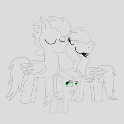 Size: 1400x1400 | Tagged: safe, artist:mrsdashskies, imported from derpibooru, rainbow dash, soarin', oc, oc:rainbow blitz, pegasus, pony, colt, disgusted, female, foal, kiss on the lips, kissing, male, mare, offspring, parent:rainbow dash, parent:soarin', parents:soarindash, shipping, sketch, soarindash, stallion, straight