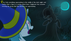 Size: 2208x1280 | Tagged: safe, artist:isaac_pony, imported from derpibooru, oc, oc:tiny sapphirus, pony, shadow pony, unicorn, dungeons and dragons, fantasy, fantasy class, fear, femboy, fog, hat, horn, logo, mage, male, moon, narration, night, pen and paper rpg, rpg, sad, shadow, show accurate, smiling, text, tree, vector, wizard, wizard hat