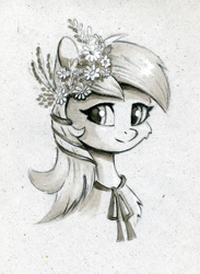 Size: 732x1000 | Tagged: safe, artist:maytee, imported from derpibooru, roseluck, earth pony, pony, bust, flower, flower in hair, grayscale, monochrome, portrait, solo, traditional art