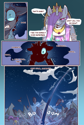 Size: 960x1440 | Tagged: safe, artist:cold-blooded-twilight, imported from derpibooru, nightmare moon, princess celestia, princess luna, comic:cold storm, blood, comic, dialogue, glowing, glowing eyes, smiling, speech bubble