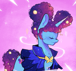 Size: 741x693 | Tagged: safe, artist:kreeeeeez, imported from derpibooru, unicorn, spoiler:g5, spoiler:my little pony: tell your tale, spoiler:tyts02e02, afro puffs, alternate hairstyle, cape, clothes, eyes closed, female, g5, heavy is the mane that wears the fruit crown, mare, misty brightdawn, my little pony: tell your tale, rebirth misty