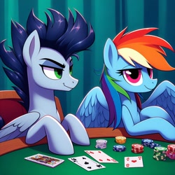 Size: 1024x1024 | Tagged: safe, imported from derpibooru, rainbow dash, soarin', ai content, ai generated, female, folded wings, generator:bing image creator, generator:dall-e 3, male, poker, prompter:*rainbow dash*, shipping, smiling, smug, soarindash, spread wings, straight, wings