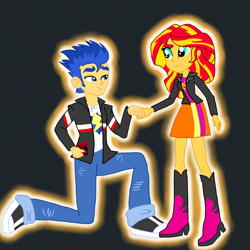 Size: 1080x1080 | Tagged: safe, artist:rekheadz, imported from derpibooru, flash sentry, sunset shimmer, equestria girls, boots, clothes, female, flashimmer, high heel boots, jacket, male, shipping, shirt, shoes, skirt, straight