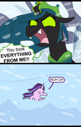 Size: 3231x5083 | Tagged: safe, artist:sketchyboi25, imported from derpibooru, queen chrysalis, starlight glimmer, unicorn, the ending of the end, angry, flowing mane, flowing tail, mountain, smol, snow, tail, ultimate chrysalis