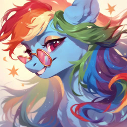 Size: 1024x1024 | Tagged: safe, imported from derpibooru, rainbow dash, pegasus, pony, ai assisted, ai content, ai generated, beautiful, cute, ear fluff, eyeshadow, fluffy, generator:purplesmart.ai, generator:stable diffusion, glasses, long hair, long mane, makeup, multicolored hair, pink eyes, prompter:saltyvity, rainbow hair, smiley face, smiling, solo, stars