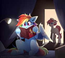 Size: 2040x1806 | Tagged: safe, artist:buvanybu, imported from derpibooru, nurse redheart, rainbow dash, earth pony, pegasus, pony, read it and weep, bandage, bandaged leg, bandaged wing, bed, book, daring do book, exploitable meme, female, floppy ears, hospital, hospital bed, mare, meme, reading, reading rainbow, scene interpretation, unamused, wings