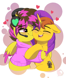 Size: 3232x3811 | Tagged: safe, artist:joaothejohn, imported from derpibooru, oc, oc:melody, oc:swift, alicorn, pegasus, pony, alicorn oc, blushing, cheek kiss, clothes, commission, couple, cute, eyes closed, floppy ears, happy, headset mic, heart, holiday, hoodie, horn, kissing, lidded eyes, pegasus oc, shipping, simple background, valentine's day, wings, ych result