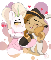 Size: 3232x3811 | Tagged: safe, artist:joaothejohn, imported from derpibooru, oc, oc:prince montodea, changeling, earth pony, pony, blushing, buggo, changeling oc, cheek kiss, clothes, commission, couple, cute, earth pony oc, feather, hat, heart, holiday, horn, jewelry, kissing, pink changeling, ring, shipping, simple background, socks, valentine's day, ych result