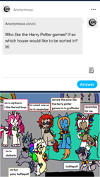 Size: 1170x2063 | Tagged: safe, artist:ask-luciavampire, imported from derpibooru, oc, changeling, earth pony, pegasus, pony, unicorn, ask, harry potter (series), tumblr