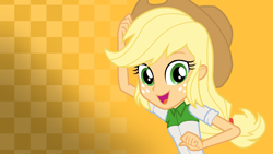 Size: 3840x2160 | Tagged: safe, artist:octosquish7260, imported from derpibooru, applejack, human, equestria girls, applejack's hat, checkered background, cowboy hat, female, gradient background, hat, solo