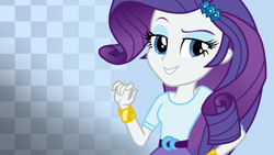 Size: 3840x2160 | Tagged: safe, artist:octosquish7260, imported from derpibooru, rarity, human, equestria girls, bracelet, checkered background, clothes, eyeshadow, female, gradient background, jewelry, makeup, shirt, skirt, smiling, solo