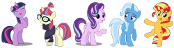 Size: 1930x544 | Tagged: safe, artist:dashiesparkle, artist:reginault, artist:twilyisbestpone, imported from derpibooru, moondancer, starlight glimmer, sunset shimmer, trixie, twilight sparkle, unicorn, bipedal, counterparts, female, mare, simple background, transparent background, twilight's counterparts, unicorn twilight