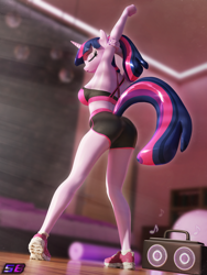 Size: 2160x2880 | Tagged: safe, artist:shadowboltsfm, imported from derpibooru, twilight sparkle, anthro, plantigrade anthro, unicorn, 3d, ass, bedroom, blender, bra, breasts, butt, clothes, eyes closed, female, high res, legs, not sfm, ponytail, sexy, shoes, shorts, sideboob, sneakers, socks, solo, stretching, sweat, underwear, wingless, workout, workout outfit