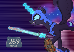 Size: 2400x1675 | Tagged: safe, artist:moonatik, imported from derpibooru, nightmare moon, alicorn, pony, /mlp/ tf2 general, blood, demoknight, eyelander, female, helmet, hoof shoes, magic, mare, peytral, princess shoes, shield, solo, sword, team fortress 2, weapon