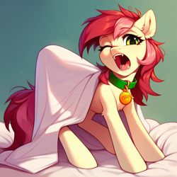 Size: 1024x1024 | Tagged: safe, imported from derpibooru, roseluck, pony, ai content, ai generated, bed, behaving like a cat, blanket, collar, cute, fangs, fluffy, generator:purplesmart.ai, generator:stable diffusion, messy mane, pet tag, pony pet, prompter:doom9454, rosepet, standing, stretching, yawn