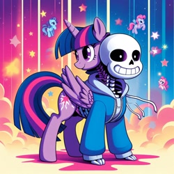 Size: 1024x1024 | Tagged: prompter needed, source needed, safe, imported from derpibooru, twilight sparkle, alicorn, pony, ai content, ai generated, generator:bing image creator, generator:dall-e 3, multiple heads, ponified, sans (undertale), twilight sparkle (alicorn), two heads, undertale, what has science done