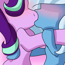 Size: 2000x2000 | Tagged: safe, artist:bubblegooey, derpibooru exclusive, imported from derpibooru, starlight glimmer, trixie, pony, unicorn, bipedal, blushing, blushing profusely, female, hidden eyes, hidden face, high res, holding each other, kiss on the lips, kissing, lesbian, mare, shipping, startrix