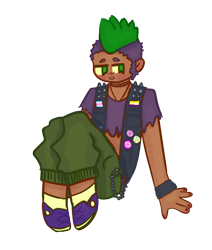 Size: 1082x1275 | Tagged: safe, artist:clandestine, imported from derpibooru, spike, dragon, human, acne, cargo shorts, clothes, humanized, mohawk, nonbinary, painted nails, short shirt, simple background, solo, sweatband, transfeminine, transparent background, vest