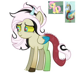 Size: 640x606 | Tagged: safe, artist:its.hxnnxh_, imported from derpibooru, discord, fluttershy, oc, unnamed oc, draconequus, hybrid, pegasus, colored wings, female, horn, interspecies offspring, male, mare, offspring, parent:discord, parent:fluttershy, parents:discoshy, screencap reference, simple background, white background, wings, youtube link