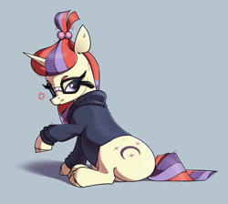 Size: 2558x2295 | Tagged: safe, artist:aquaticvibes, imported from derpibooru, moondancer, pony, unicorn, annoyed, clothes, female, glasses, gray background, mare, raised hoof, simple background, sitting, solo, sweater