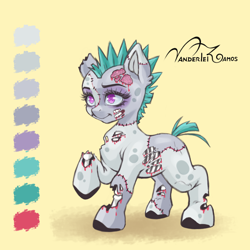 Size: 4000x4000 | Tagged: safe, artist:vanderlei-romos, imported from derpibooru, oc, oc only, earth pony, pony, undead, zombie, simple background, solo, yellow background