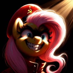 Size: 1024x1024 | Tagged: safe, imported from derpibooru, fluttershy, pony, ai content, ai generated, black background, clothes, communism, evil grin, generator:bing image creator, generator:dall-e 3, grin, outfit, prompt in description, prompter:enterusxrname, simple background, smiling, solo