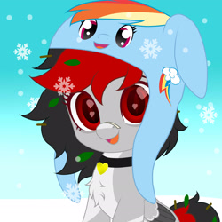 Size: 2048x2048 | Tagged: safe, artist:naoto yazarän, imported from derpibooru, rainbow dash, oc, pegasus, bandaid, bandaid on nose, cap, chest fluff, collar, cutie mark, hat, heart, heart eyes, leaves, leaves in hair, snow, snowfall, wingding eyes, wings