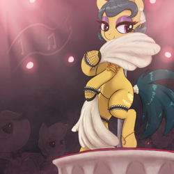 Size: 3000x3000 | Tagged: safe, alternate version, artist:t72b, imported from derpibooru, cleopatra jazz, earth pony, pony, art pack:we don't normally wear clothes, background pony, belly, bipedal, bipedal leaning, clothes, dancing, ear piercing, earring, fan, feather, female, fishnets, garters, hand fan, hoof hold, jewelry, leaning, male, mare, mascara, music notes, pearl, piercing, pole dancing, raised leg, sexy, stallion, stripper pole, suit, watching