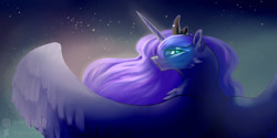 Size: 1280x640 | Tagged: safe, artist:drekimanywiev, imported from derpibooru, princess luna, alicorn, pony, cheek fluff, chest fluff, ear piercing, earring, female, jewelry, large wings, looking at you, looking back, looking back at you, mare, piercing, solo, spread wings, wings