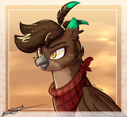 Size: 1785x1651 | Tagged: safe, artist:staceyld636, imported from derpibooru, oc, oc:gertz "tips" brightfeather, griffon, beak, clothes, commission, feather, griffon oc, male, scarf, smiling, smirk