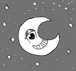 Size: 640x600 | Tagged: safe, artist:ficficponyfic, imported from derpibooru, oc, oc only, oc:joyride, colt quest, complex background, crescent moon, cyoa, face, grin, monochrome, moon, no pony, smiling, solo, starry night, stars, story included