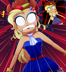 Size: 1934x2134 | Tagged: safe, artist:the-butch-x, imported from derpibooru, screencap, applejack, human, eqg summertime shorts, equestria girls, make up shake up, alternate hairstyle, applejack's hat, bracelet, clothes, cowboy hat, dress, eyeshadow, female, gritted teeth, hat, jewelry, lipstick, makeup, scared, scene interpretation, screencap reference, shrunken pupils, solo, teeth