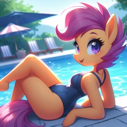 Size: 1024x1024 | Tagged: safe, imported from derpibooru, scootaloo, anthro, ai content, ai generated, blue swimsuit, clothes, cute, cutealoo, generator:bing image creator, generator:dall-e 3, hoof hands, looking at you, lying down, missing cutie mark, on back, one-piece swimsuit, outdoors, smiling, smiling at you, solo, swimming pool, swimsuit, umbrella, wingless, wingless anthro
