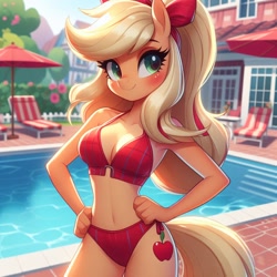 Size: 1024x1024 | Tagged: safe, imported from derpibooru, applejack, anthro, earth pony, adorasexy, ai content, ai generated, alternate hairstyle, applebetes, belly button, bikini, blushing, breasts, busty applejack, cleavage, clothes, cute, generator:bing image creator, generator:dall-e 3, hair ribbon, hand on hip, looking at you, outdoors, ponytail, red bikini, ribbon, sexy, smiling, smiling at you, solo, standing, swimming pool, swimsuit, umbrella