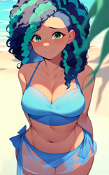 Size: 2560x4096 | Tagged: safe, editor:sammykun, imported from derpibooru, human, ai content, ai generated, beach, belly button, big breasts, bikini, blurr, breasts, busty misty brightdawn, cleavage, clothes, curly hair, cute, dark skin, female, g5, generator:pony diffusion v6 xl, generator:purplesmart.ai, generator:stable diffusion, humanized, leaf, looking at you, midriff, misty brightdawn, mistybetes, my little pony: a new generation, ocean, prompter:sammykun, sand, shy, skirt, smiling, solo, swimsuit, water, wide hips