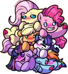 Size: 1704x1866 | Tagged: safe, artist:sexygoatgod, imported from derpibooru, applejack, fluttershy, pinkie pie, rainbow dash, rarity, twilight sparkle, alicorn, earth pony, pegasus, pony, unicorn, :3, :<, :p, ^^, chibi, commission, cute, cute little fangs, eyes closed, fangs, female, group, mane six, mare, pile, pony pile, simple background, tongue out, transparent background, twilight sparkle (alicorn), underhoof, your character here