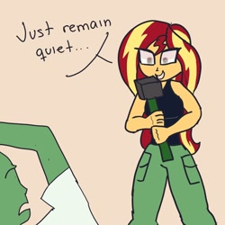 Size: 1280x1280 | Tagged: safe, artist:peel_a_na, imported from derpibooru, sunset shimmer, oc, oc:anon, annoyed, clothes, hammer, imminent violence, revenge, simple background, tanktop