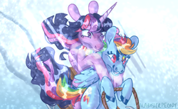 Size: 2048x1260 | Tagged: safe, artist:alabasterpeony, imported from derpibooru, rainbow dash, twilight sparkle, alicorn, pegasus, pony, duo, female, mare, sled, sledding, snow, twilight sparkle (alicorn), windswept mane, winter