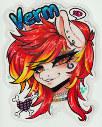 Size: 2022x2505 | Tagged: safe, artist:paintedcora, imported from derpibooru, oc, oc:lazy sunday, pony, unicorn, badge, con badge, ear piercing, emo, eyeshadow, goth, harmonycon, looking at you, makeup, piercing, punk, solo, xd