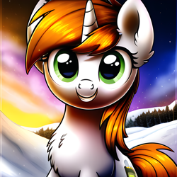 Size: 2048x2048 | Tagged: safe, imported from derpibooru, oc, oc:littlepip, pony, unicorn, fallout equestria, ai content, ai generated, chest fluff, smiling, snow, solo