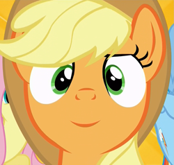 Size: 1125x1072 | Tagged: safe, edit, edited screencap, editor:twilyisbestpone, imported from derpibooru, screencap, applejack, fluttershy, rainbow dash, earth pony, pegasus, pony, season 5, what about discord?, amused, applejack is amused, cropped, cute, female, inverted mouth, jackabetes, looking at you, mare, smiling, smiling at you, solo focus