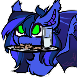 Size: 768x768 | Tagged: safe, artist:fluffyghost, imported from derpibooru, oc, oc only, oc:guard cobalt flash, bat pony, bat pony oc, bat wings, bust, chest fluff, cookie, cute, food, freckles, milk, offering, wings