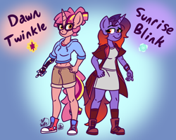 Size: 1500x1200 | Tagged: safe, artist:erynerikard, imported from derpibooru, oc, oc only, oc:dawn twinkle, oc:sunrise blink, anthro, plantigrade anthro, unicorn, amputee, boots, clothes, converse, digital art, dress, female, glasses, gradient mane, hoodie, jacket, prosthetic arm, prosthetic limb, prosthetics, shoes, shorts, siblings, sisters